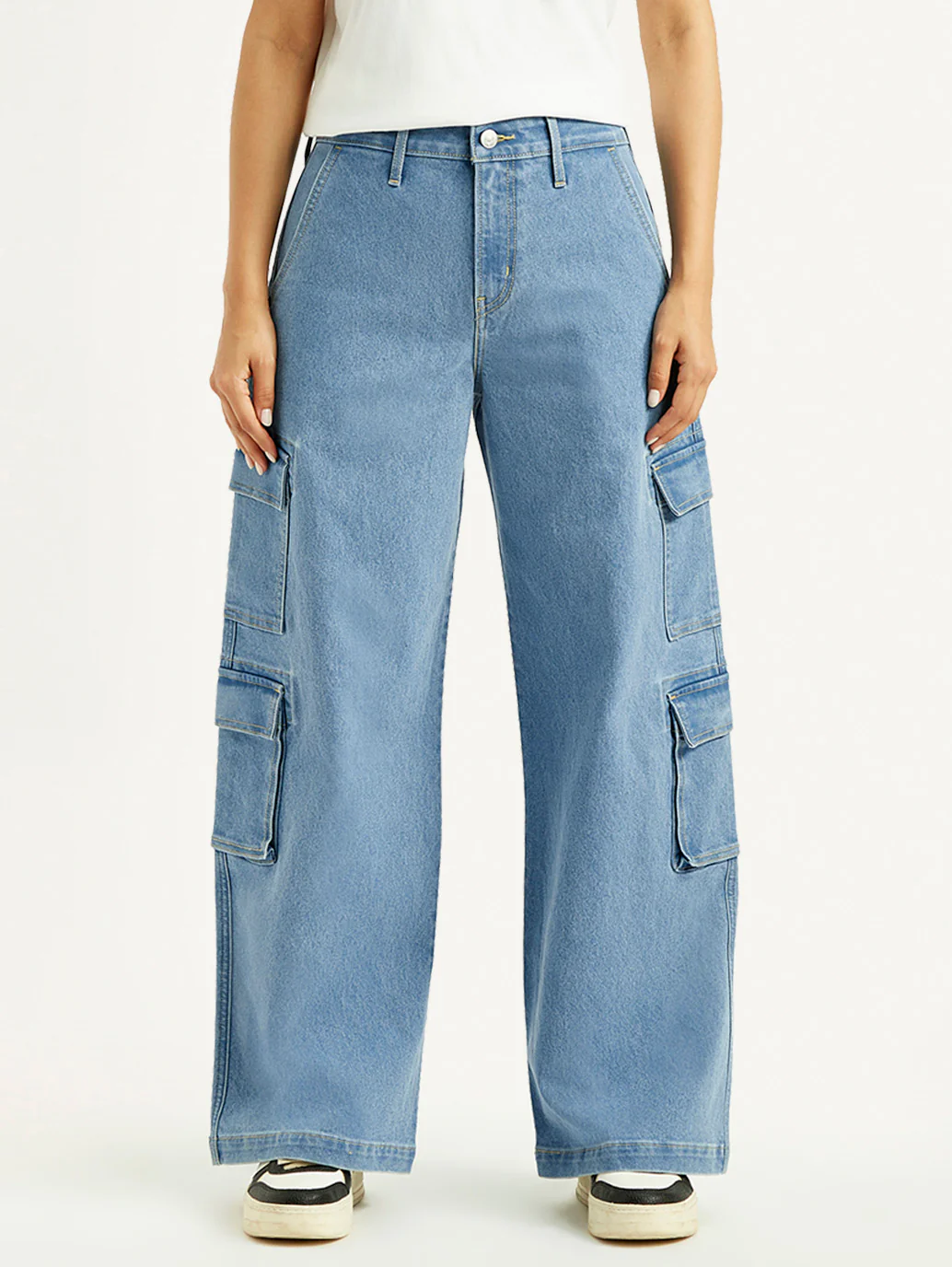 Women's Med Indigo Baggy Fit Mid Rise Cargo Jeans - Image 2