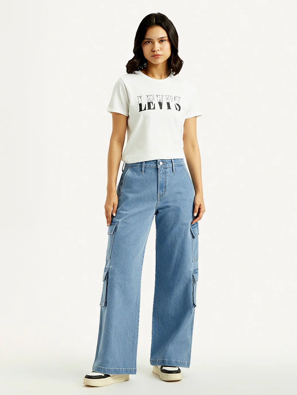 Women's Med Indigo Baggy Fit Mid Rise Cargo Jeans - Image 7