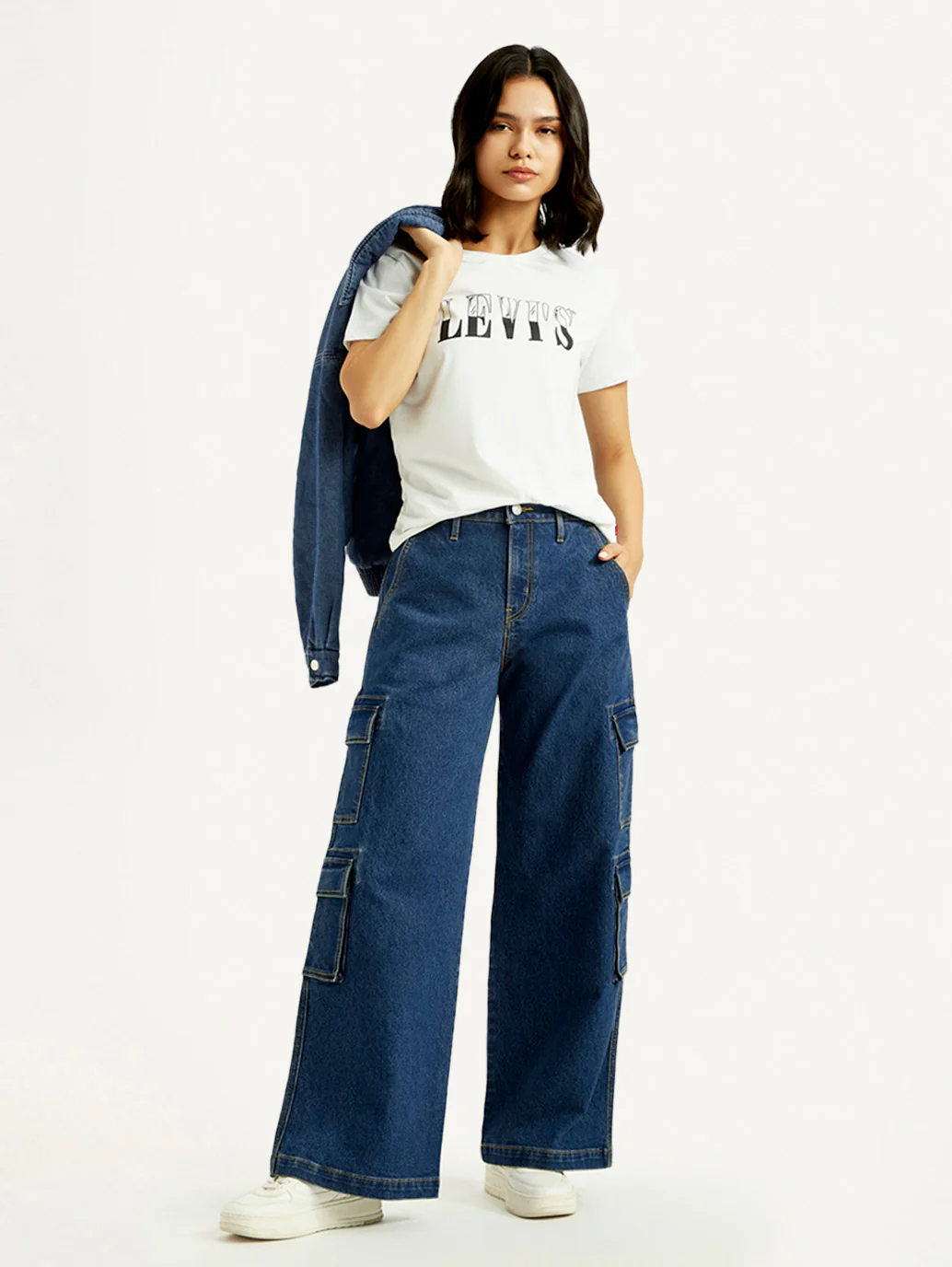Women's Med Indigo Baggy Fit Mid Rise Cargo Jeans