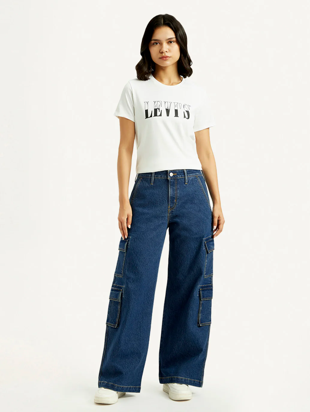 Women's Med Indigo Baggy Fit Mid Rise Cargo Jeans - Image 2