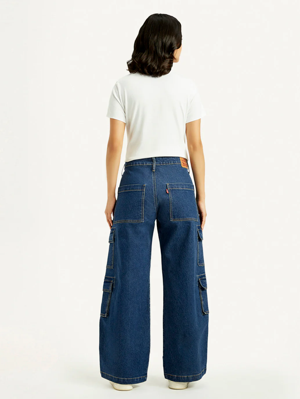Women's Med Indigo Baggy Fit Mid Rise Cargo Jeans - Image 5