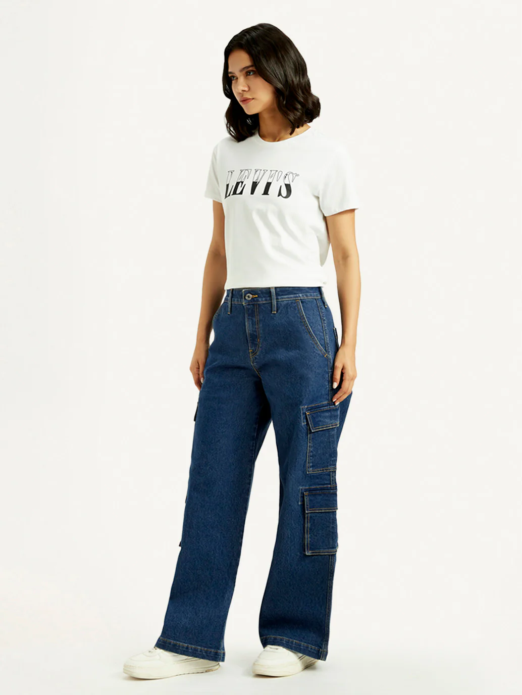 Women's Med Indigo Baggy Fit Mid Rise Cargo Jeans - Image 6