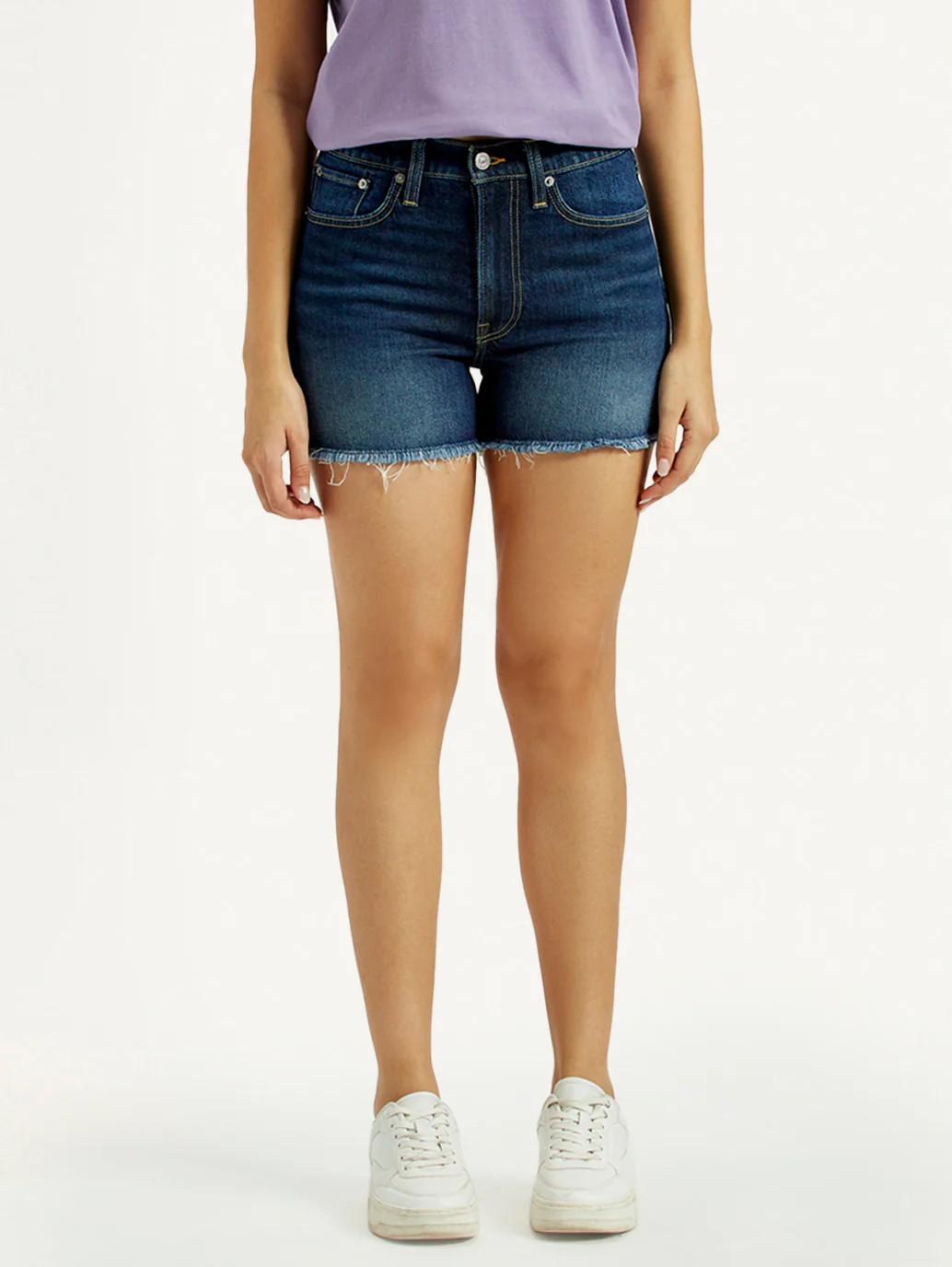 Women's Med Indigo Mid Rise Denim Wedgie Shorts - Image 2