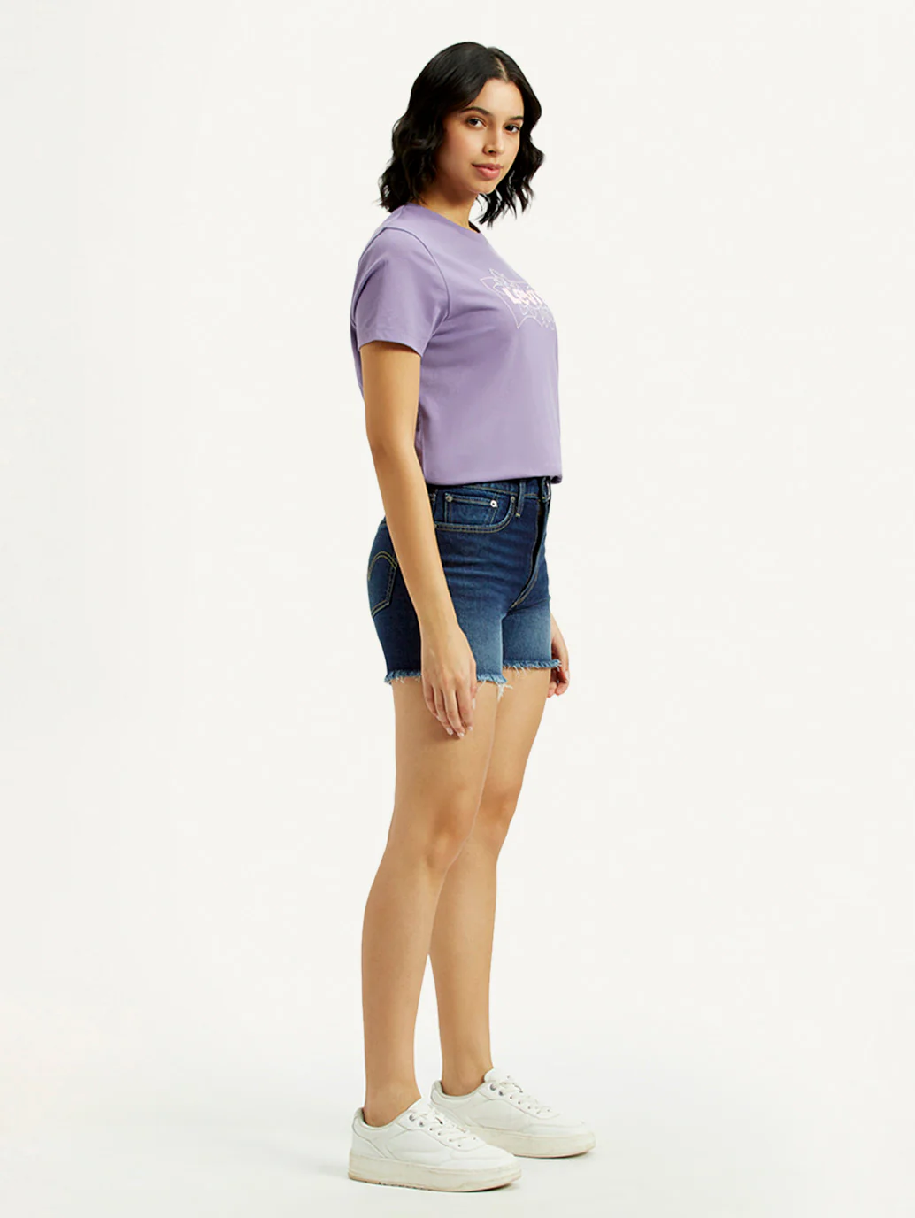 Women's Med Indigo Mid Rise Denim Wedgie Shorts - Image 5