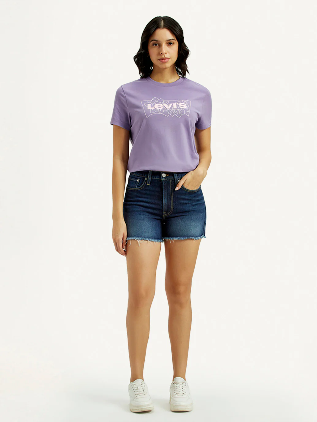 Women's Med Indigo Mid Rise Denim Wedgie Shorts - Image 6
