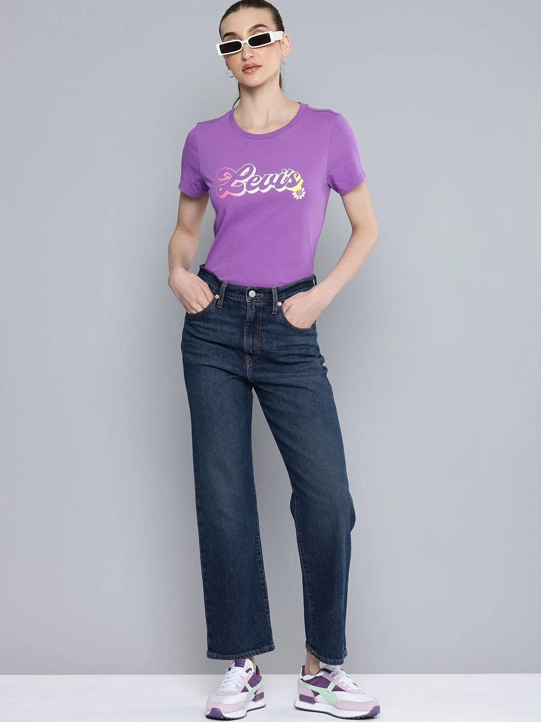 Women's Blue Ribcage Straight Ankle Fit Mid Rise Jeans