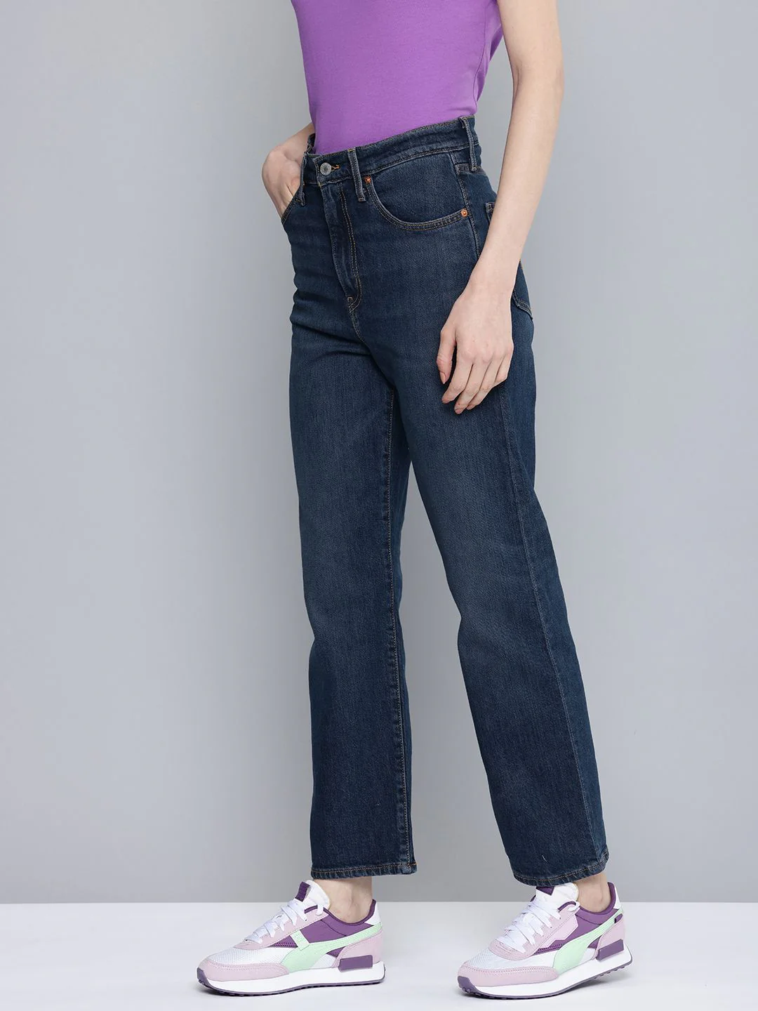 Women's Blue Ribcage Straight Ankle Fit Mid Rise Jeans - Image 3