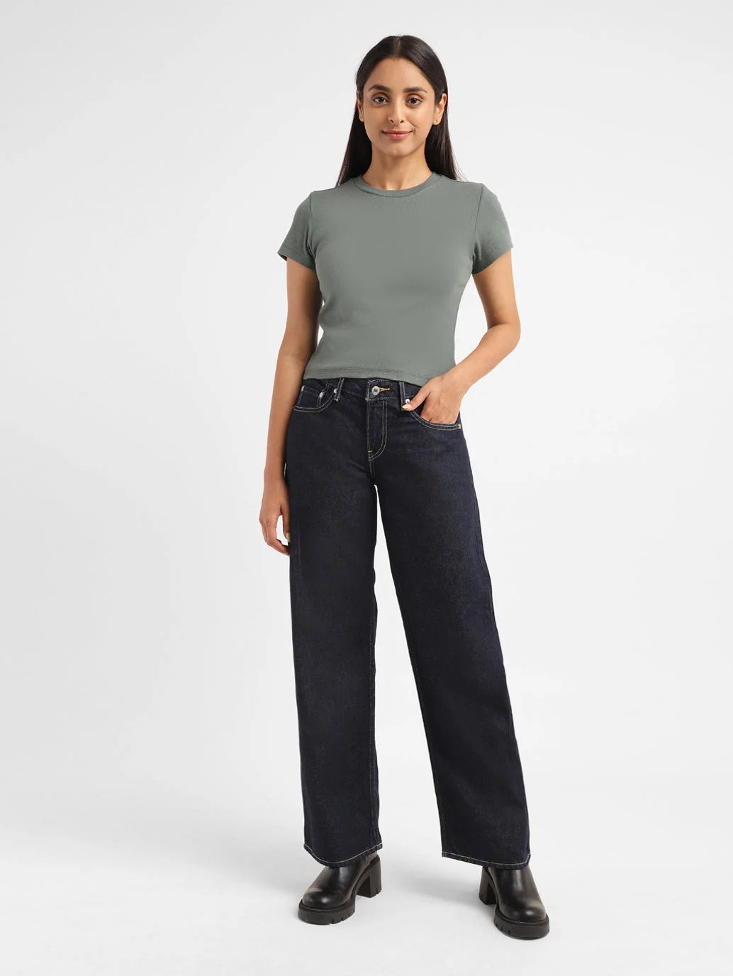 Women's 94 Navy Blue Baggy Wide Leg Fit Mid Rise Jeans - Image 8