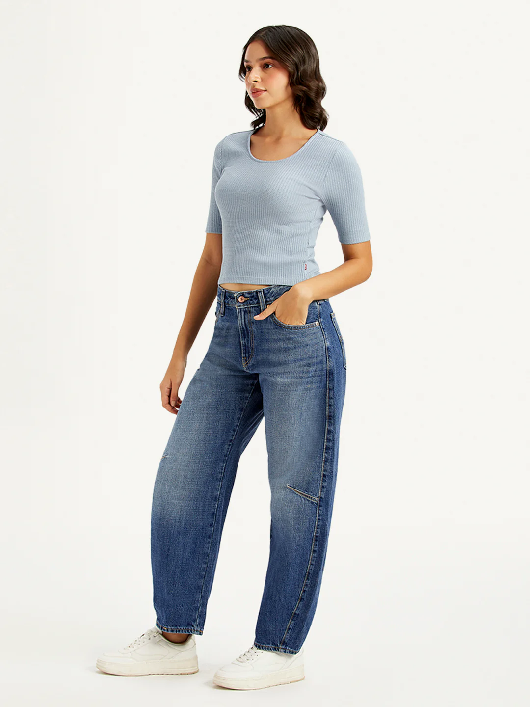 Women's Blue Baggy Dad Barrel Fit Mid Rise Jeans - Image 4