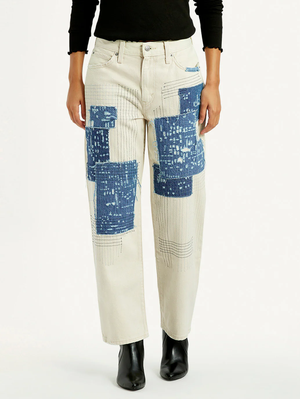 Women's Cream Baggy Fit Mid Rise Jeans - Image 2
