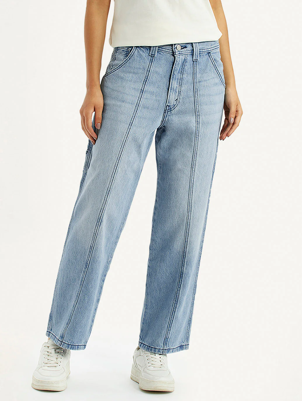 Women's Light Blue Baggy Loose Fit Carpenter Mid Rise Jeans - Image 3