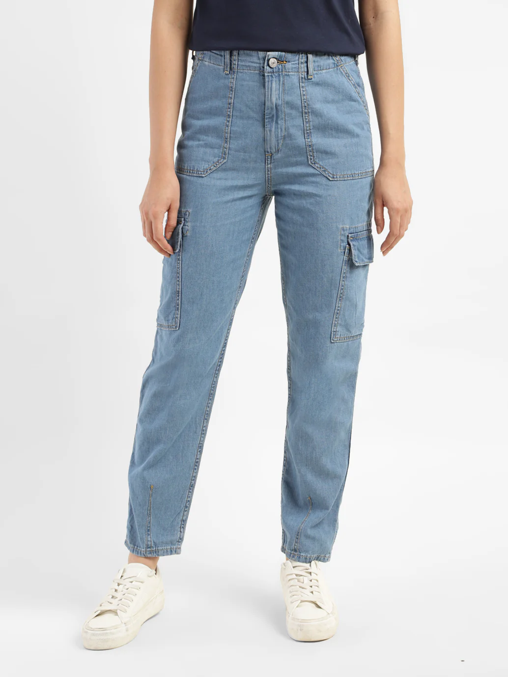 Women's Mid Rise Blue Cargo Jeans