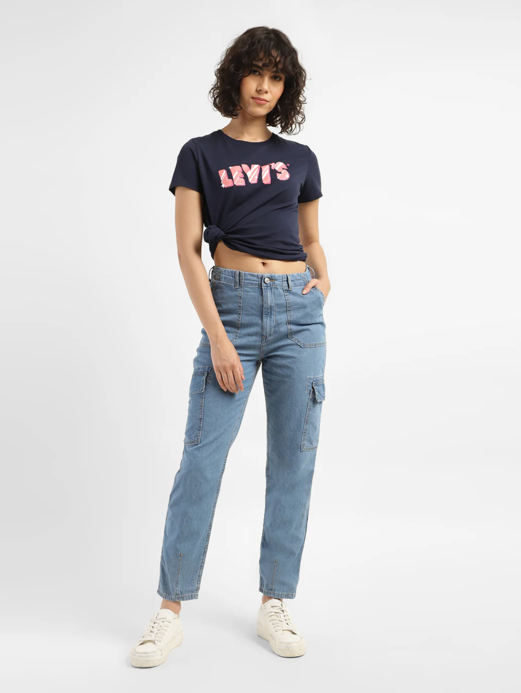 Women's Mid Rise Blue Cargo Jeans - Image 2