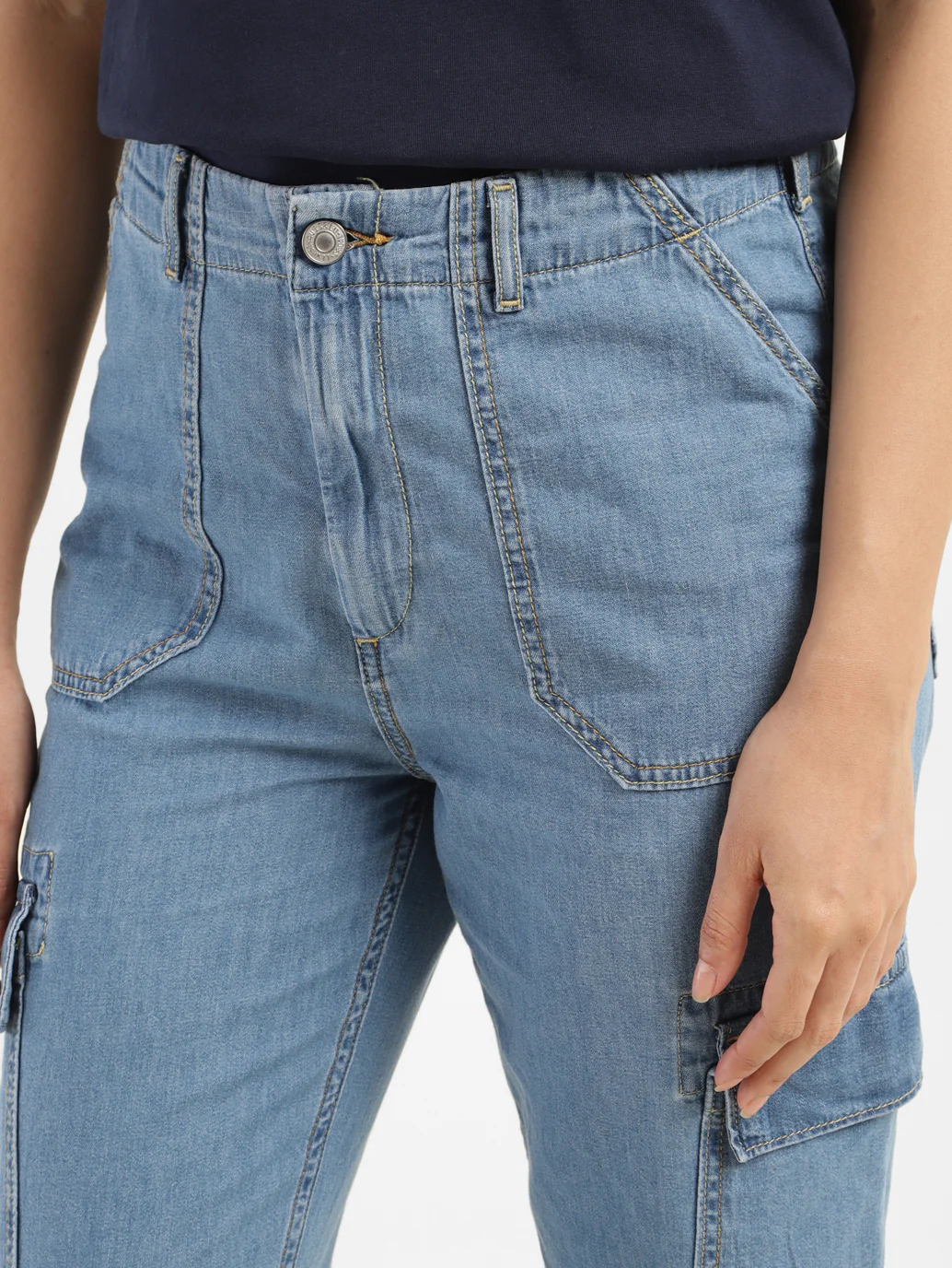 Women's Mid Rise Blue Cargo Jeans - Image 5