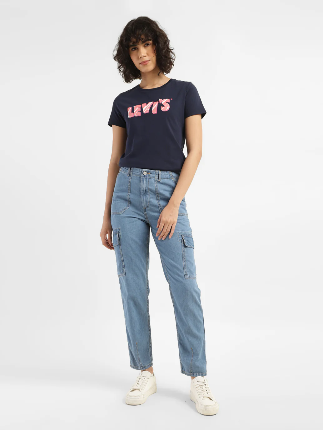 Women's Mid Rise Blue Cargo Jeans - Image 7