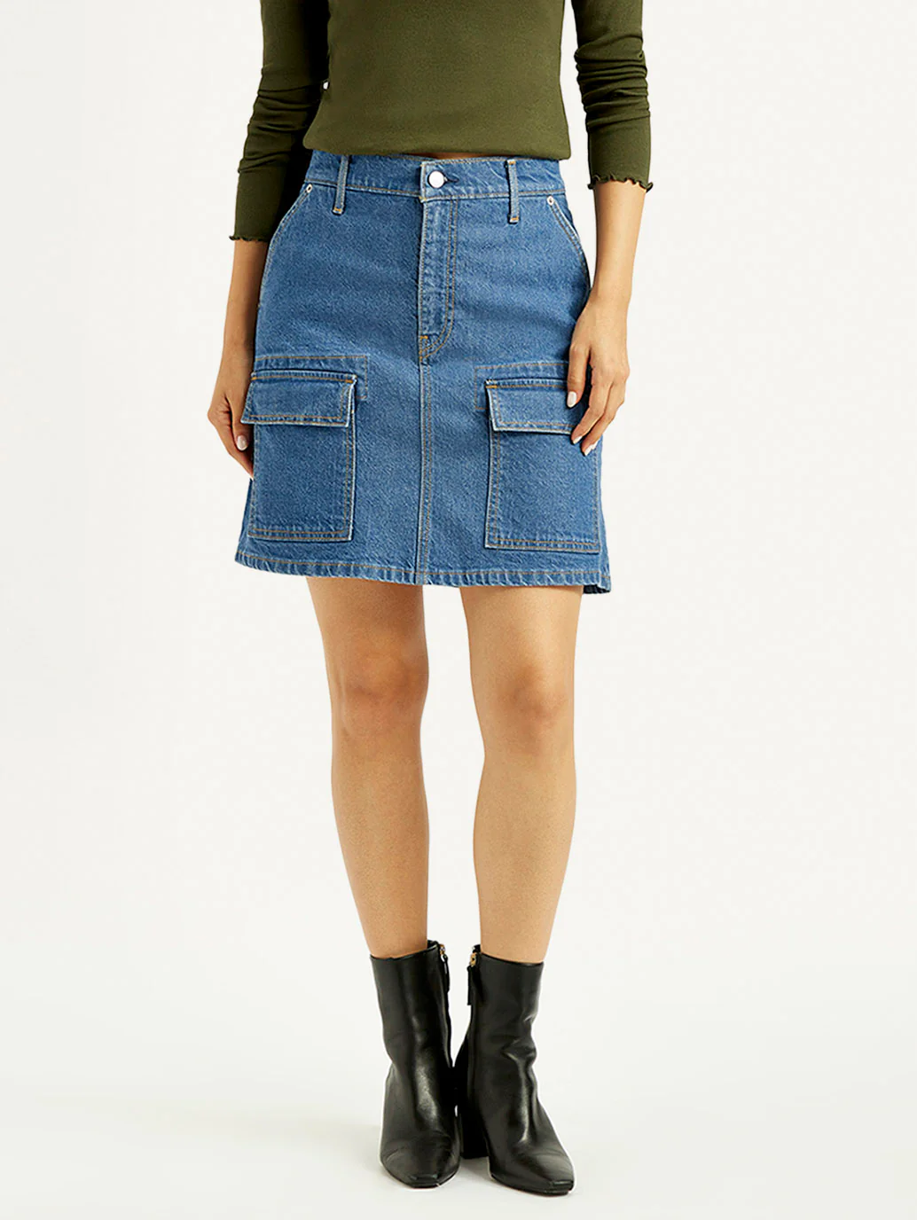 Women's Blue Straight Fit Mid Rise Skirt - Image 3