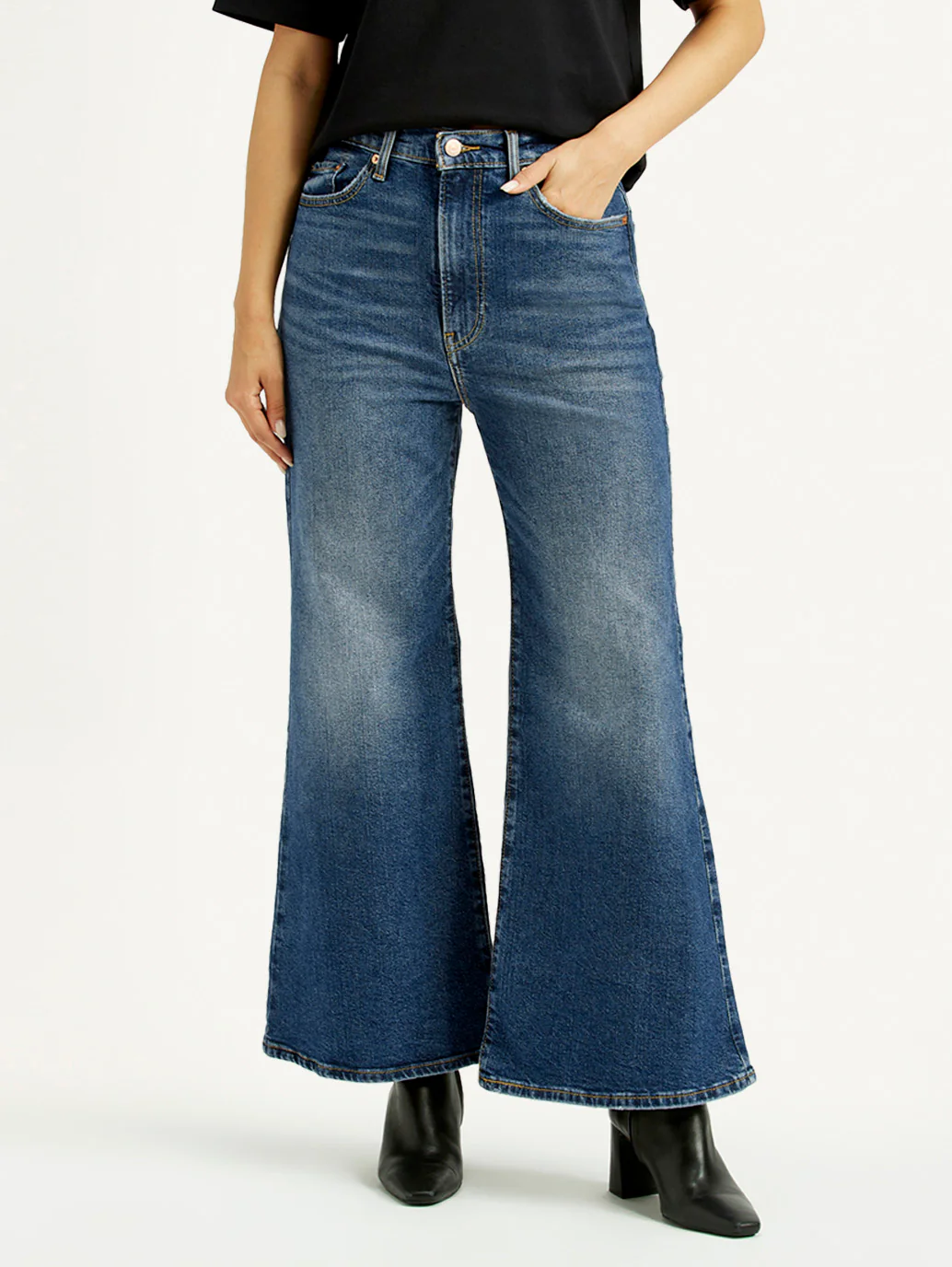 Women's Blue Ribcage Bell Bottom Wide Leg Fit Mid Rise Jeans - Image 2