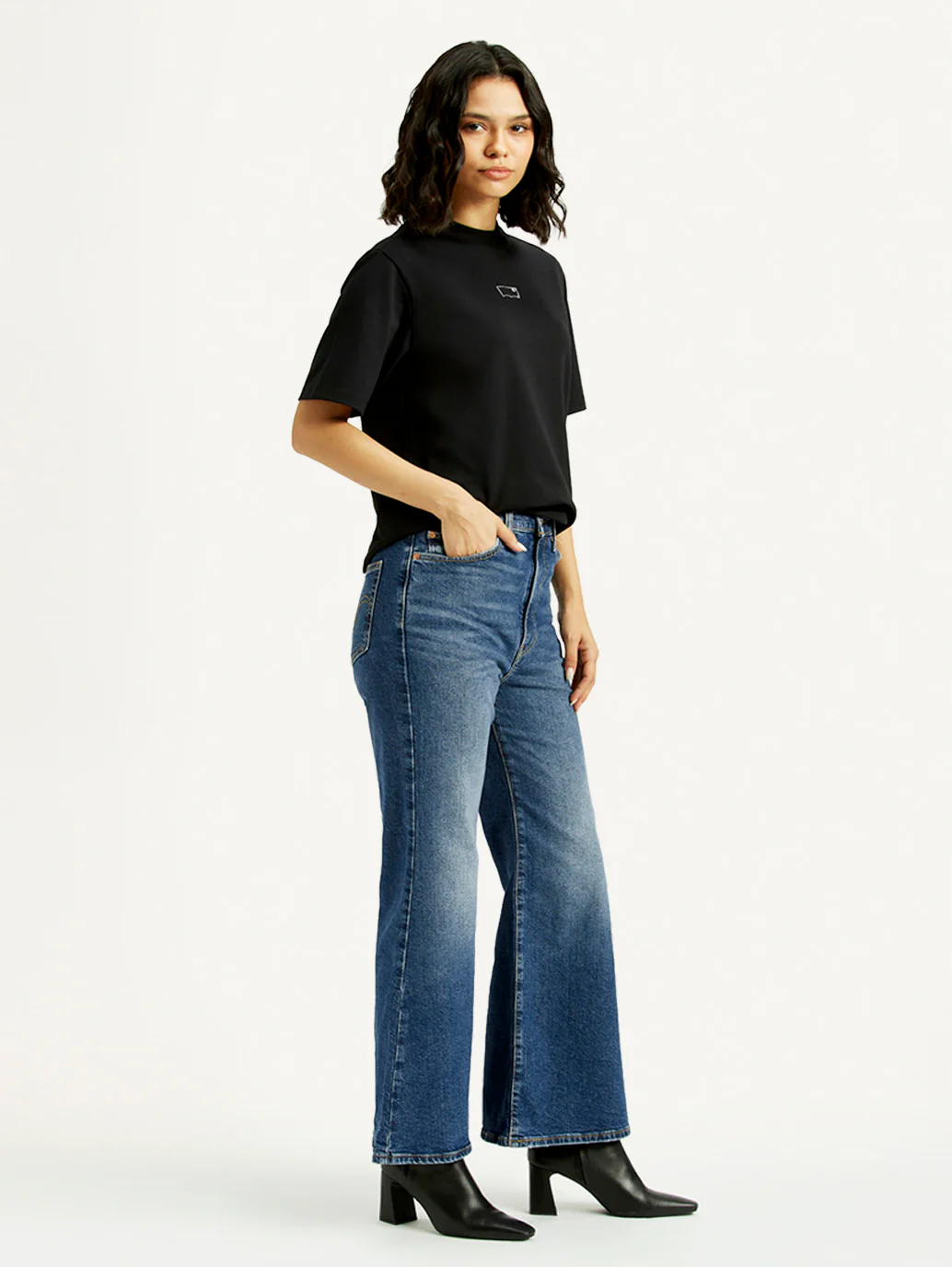 Women's Blue Ribcage Bell Bottom Wide Leg Fit Mid Rise Jeans - Image 5