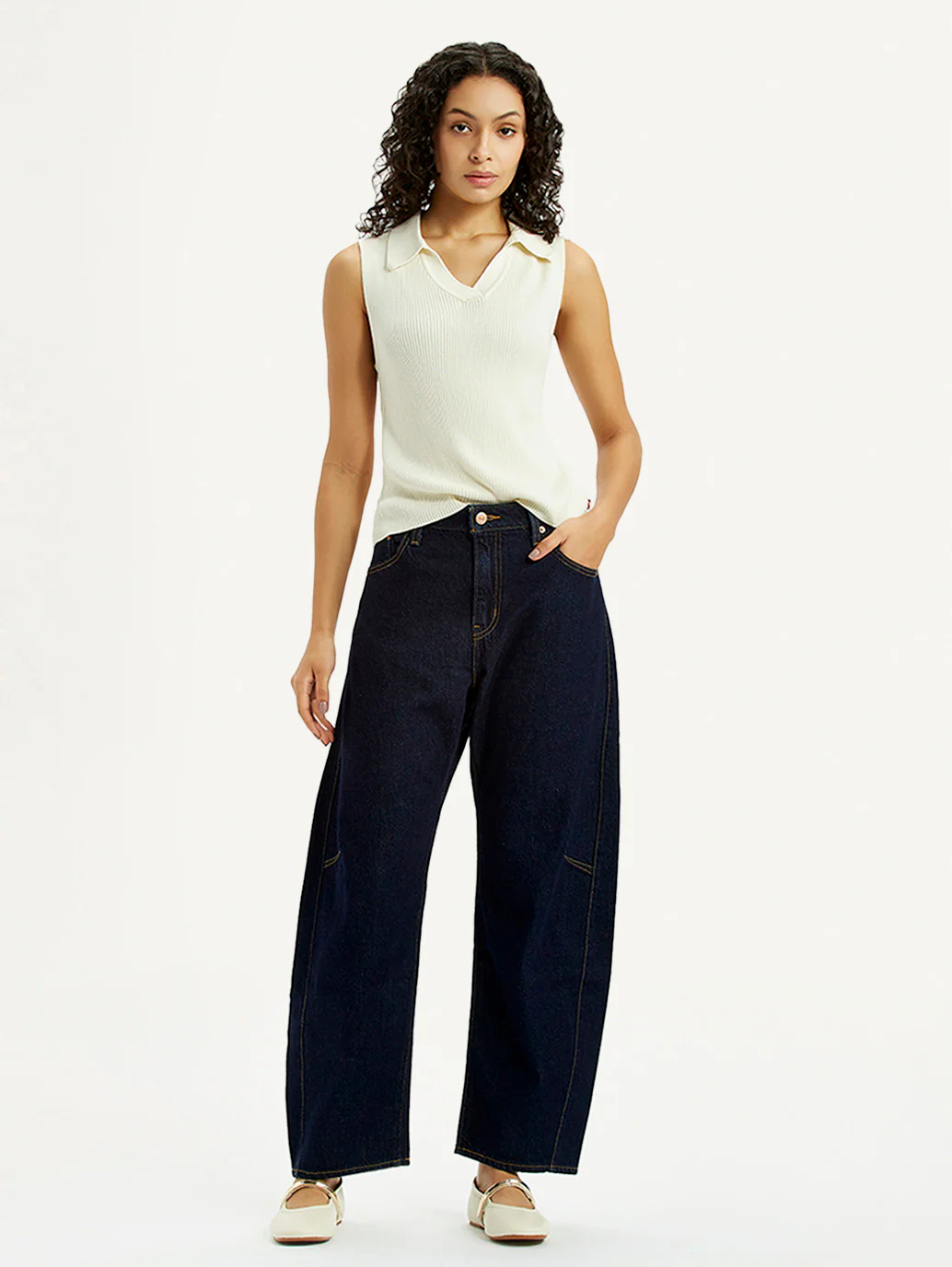 Women's Dark Blue Barrel Loose Fit Mid Rise Jeans