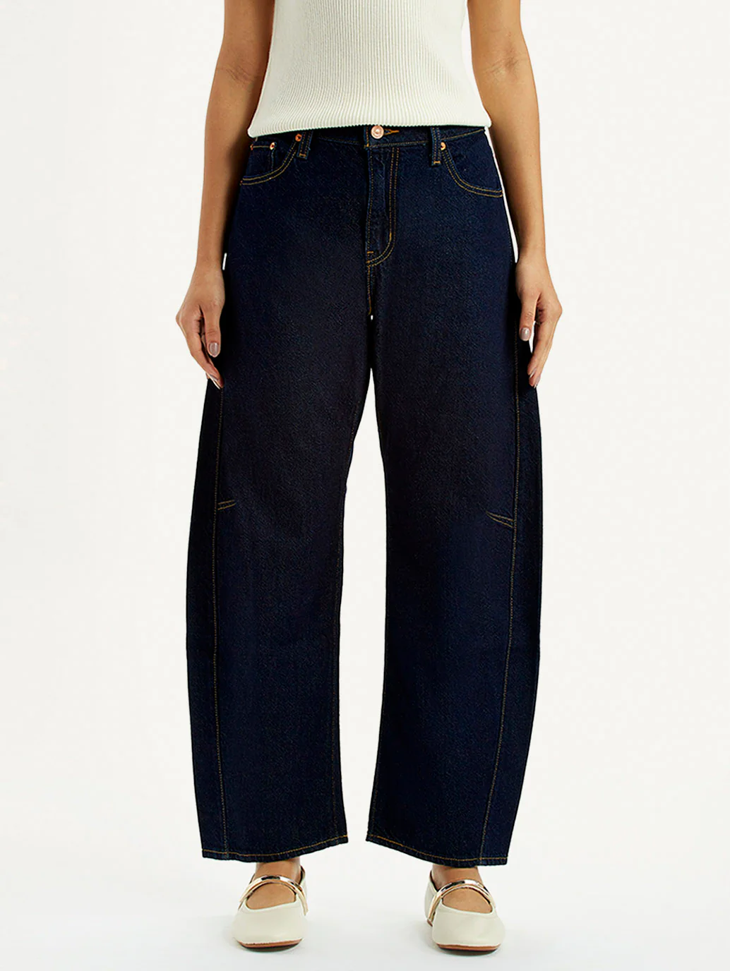Women's Dark Blue Barrel Loose Fit Mid Rise Jeans - Image 3