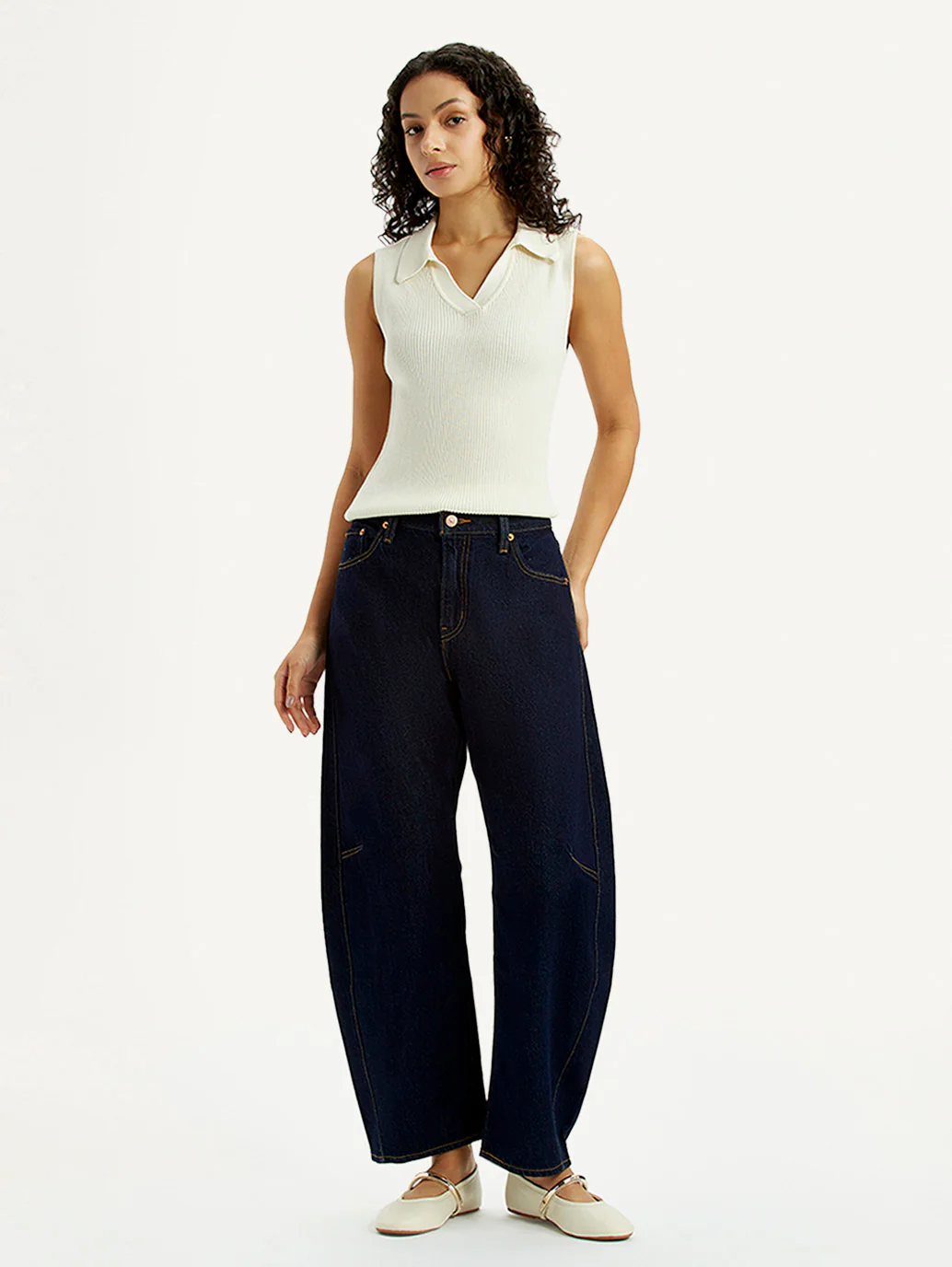 Women's Dark Blue Barrel Loose Fit Mid Rise Jeans - Image 5