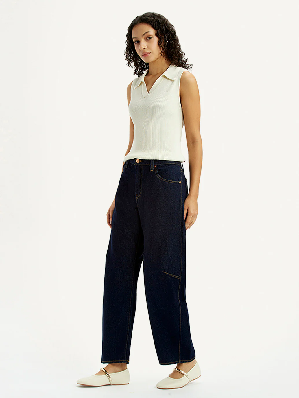 Women's Dark Blue Barrel Loose Fit Mid Rise Jeans - Image 6