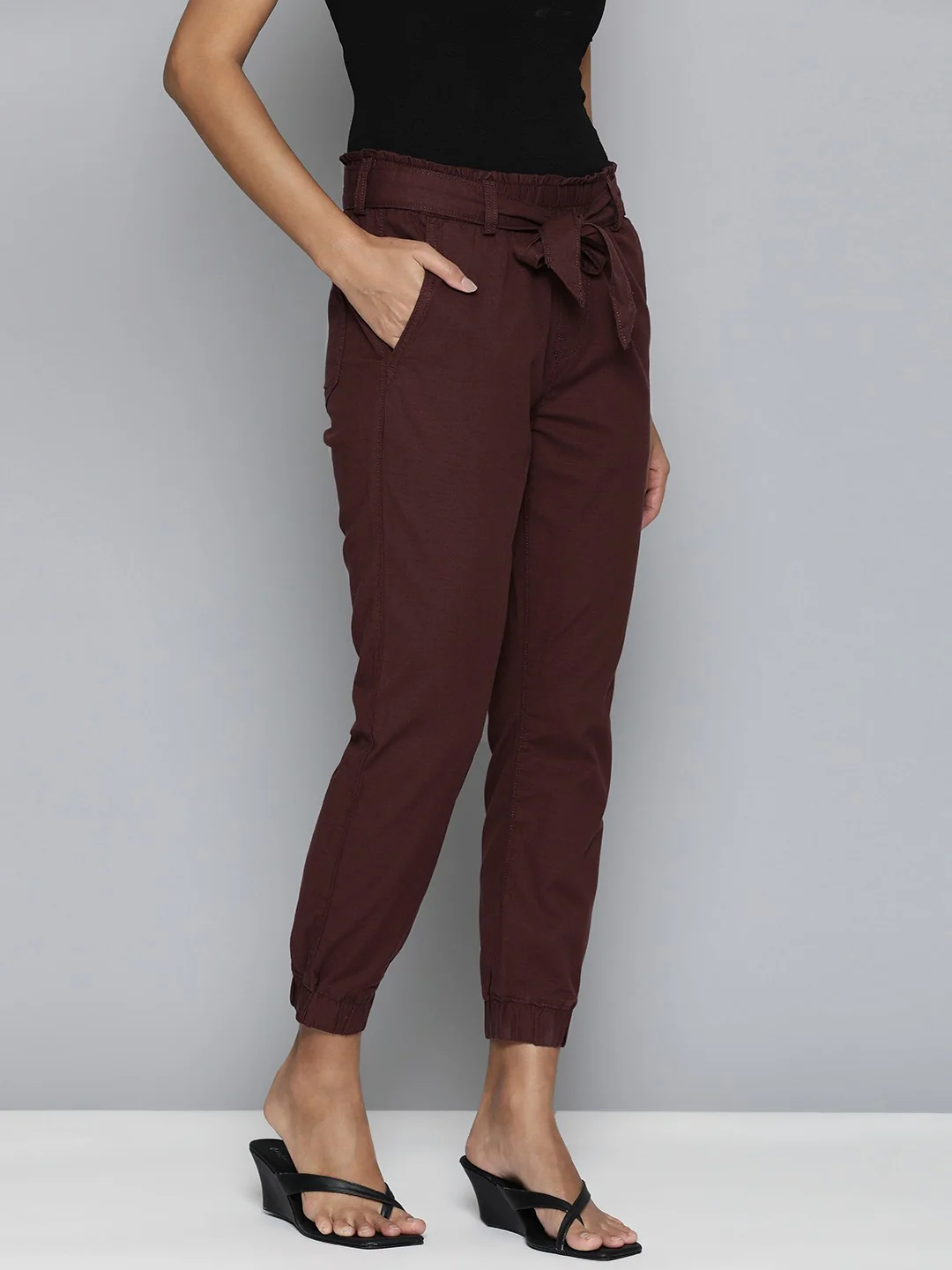 Women's Mid Rise Maroon Baggy Fit Trousers - Image 2