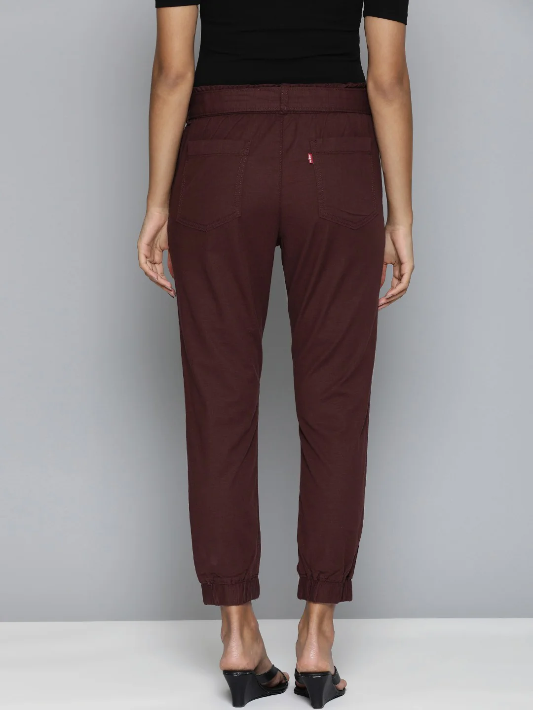 Women's Mid Rise Maroon Baggy Fit Trousers - Image 3