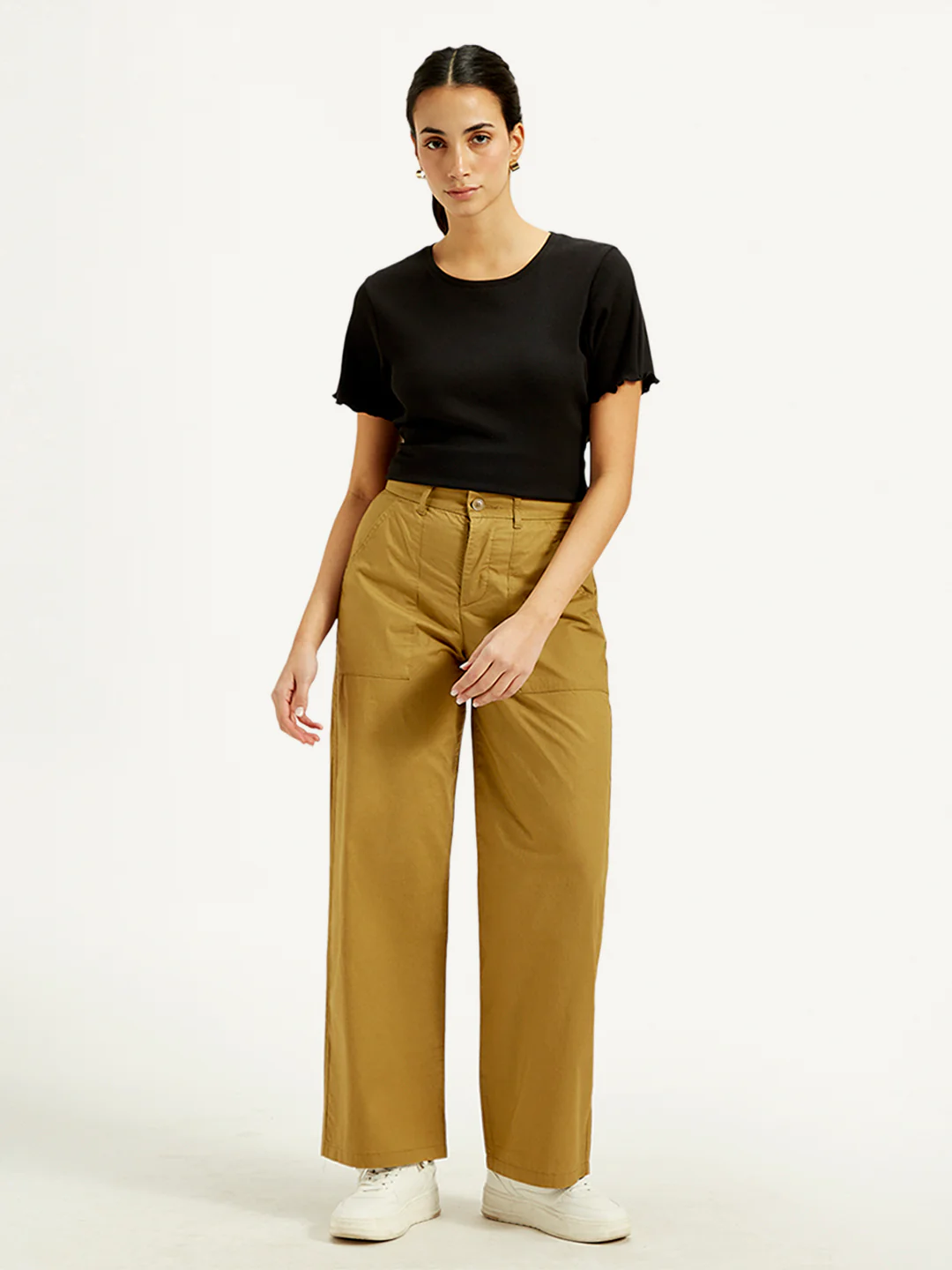 Women's Mid Rise Mustard Straight Fit Trousers - Image 2