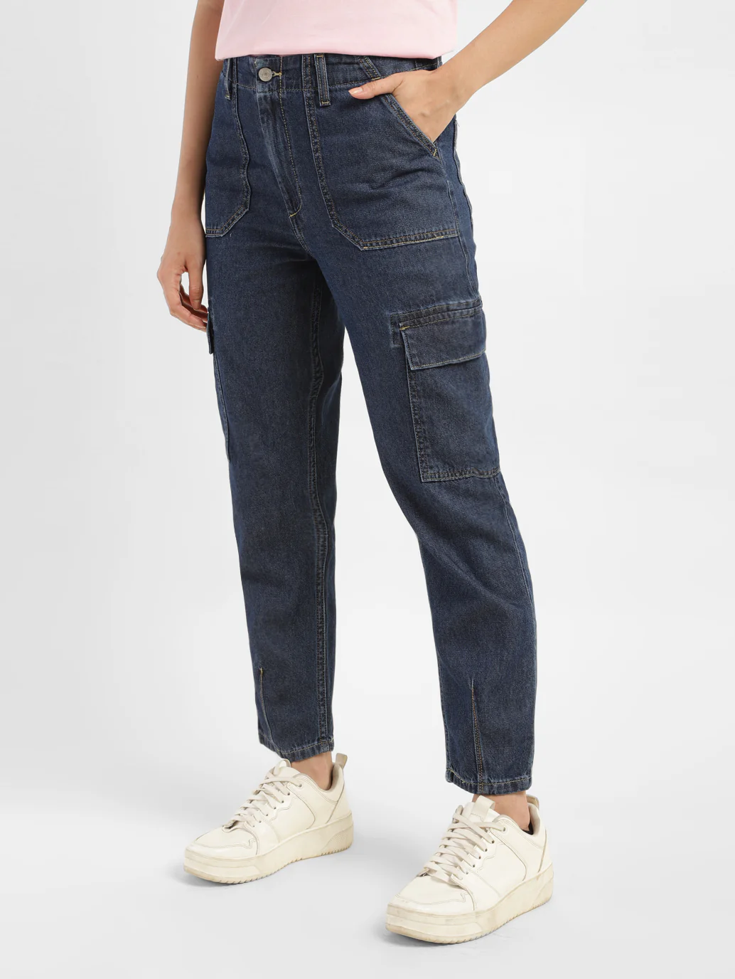 Women's Mid Rise Navy Cargo Jeans - Image 3