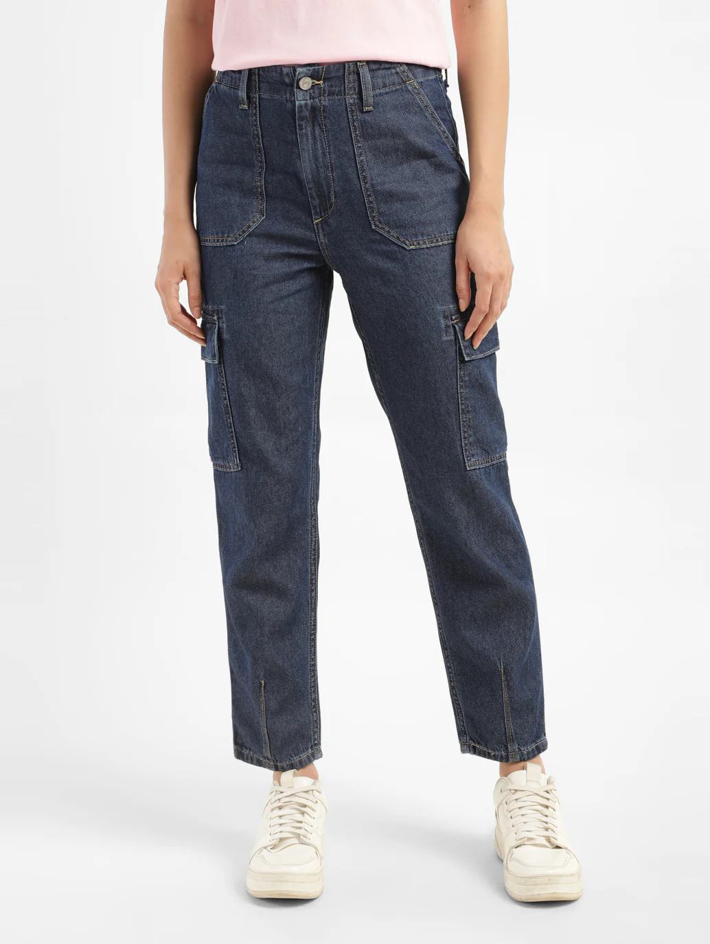 Women's Mid Rise Navy Cargo Jeans - Image 7