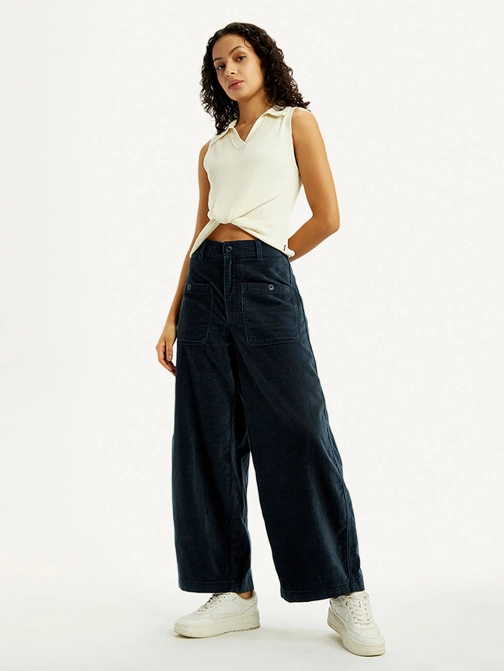 Women's Navy Blue Barrel Loose Fit Mid Rise Trousers - Image 4