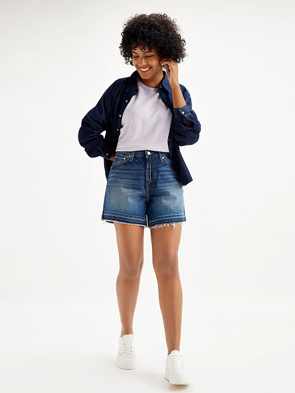 Women's Mid Rise Navy Relaxed Fit Denim Shorts - Image 2