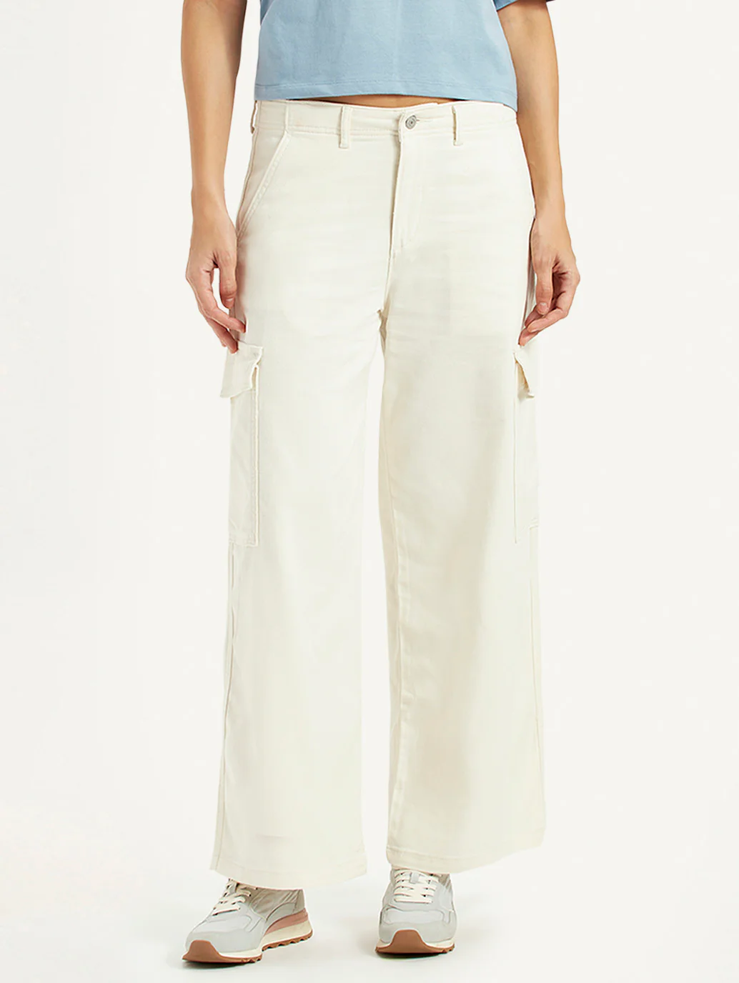 Women's Off White Loose Fit Mid Rise Cargos - Image 2