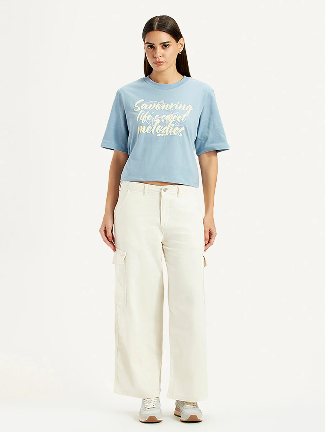 Women's Off White Loose Fit Mid Rise Cargos - Image 6