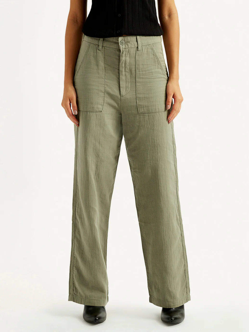 Women's Olive Green Loose Fit Mid Rise Trousers - Image 2