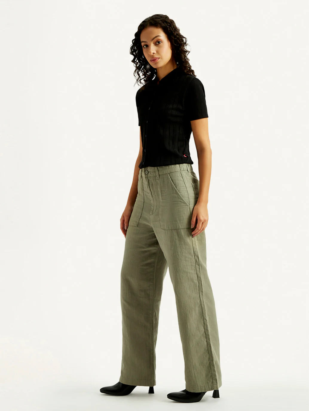 Women's Olive Green Loose Fit Mid Rise Trousers - Image 5
