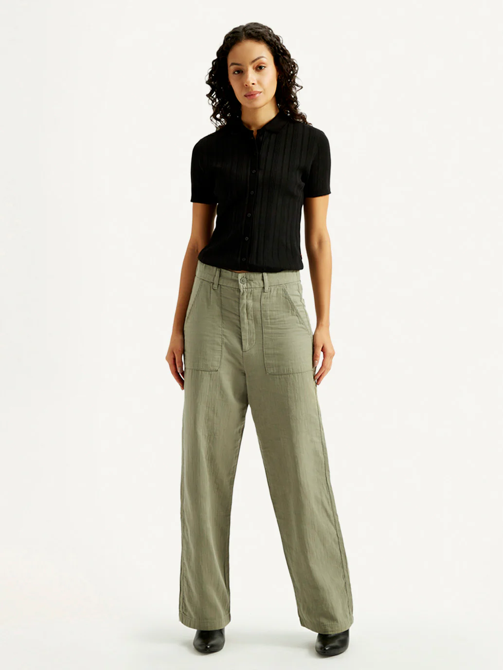 Women's Olive Green Loose Fit Mid Rise Trousers - Image 6