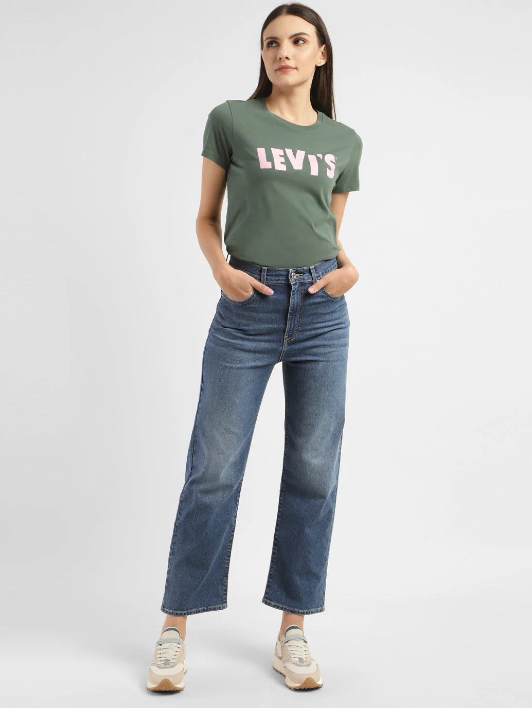 Women's Blue Ribcage Straight Fit Mid Rise Jeans