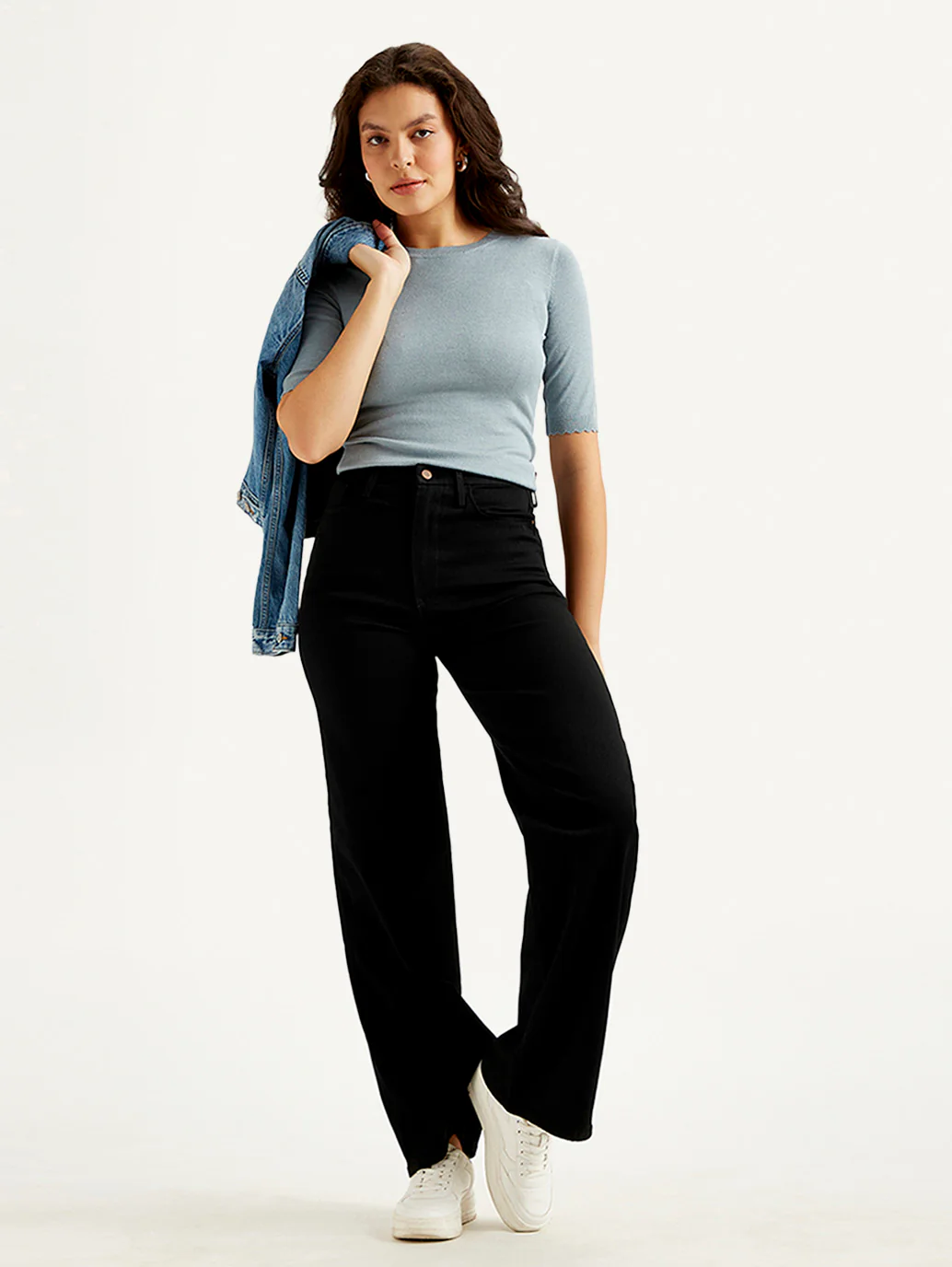 Women's Redloop Black Ribcage Bell Bottom Wide Leg Fit Mid Rise Jeans