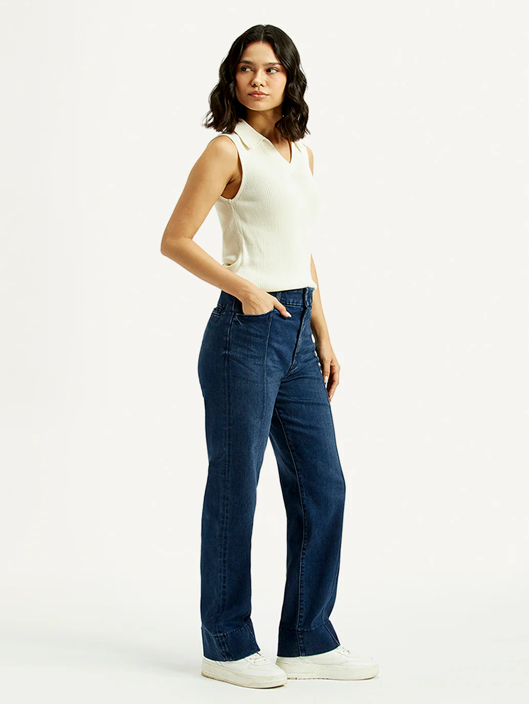 Women's Redloop Dark Blue Ribcage Straight Fit High Rise Jeans - Image 5