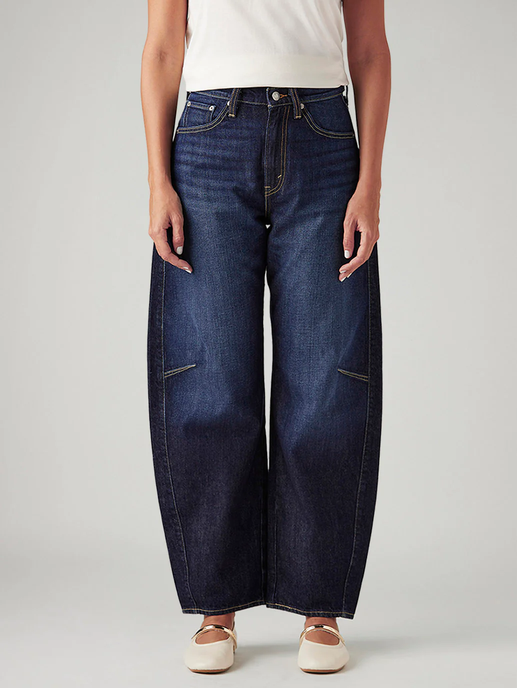 Women's Navy Cinch Baggy Dad Barrel Mid Rise Jeans - Image 3