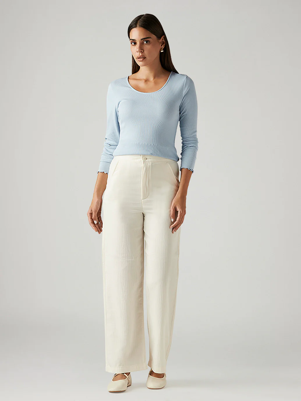 Women's Off White Loose Fit High Rise Trousers - Image 2