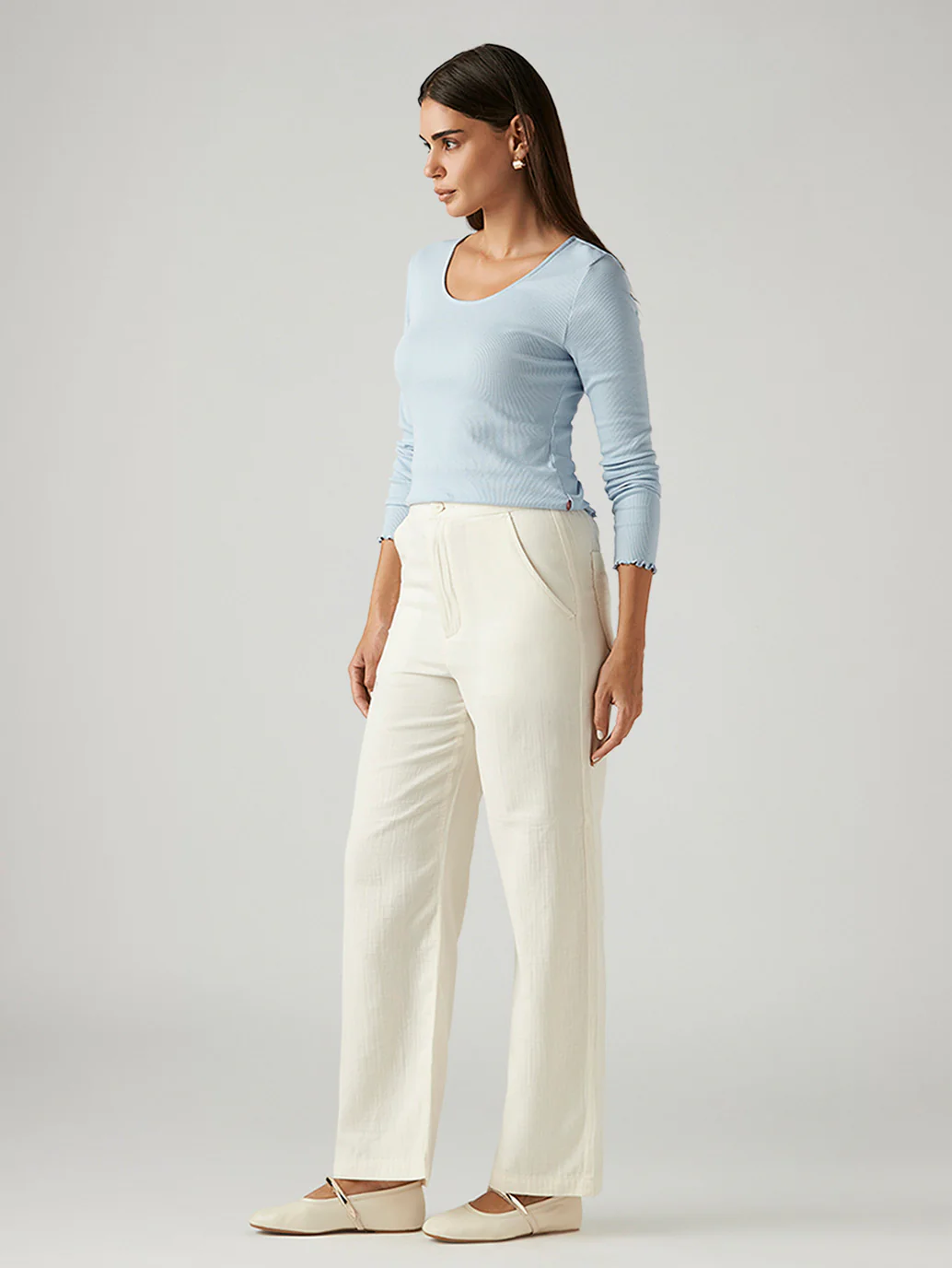 Women's Off White Loose Fit High Rise Trousers - Image 7