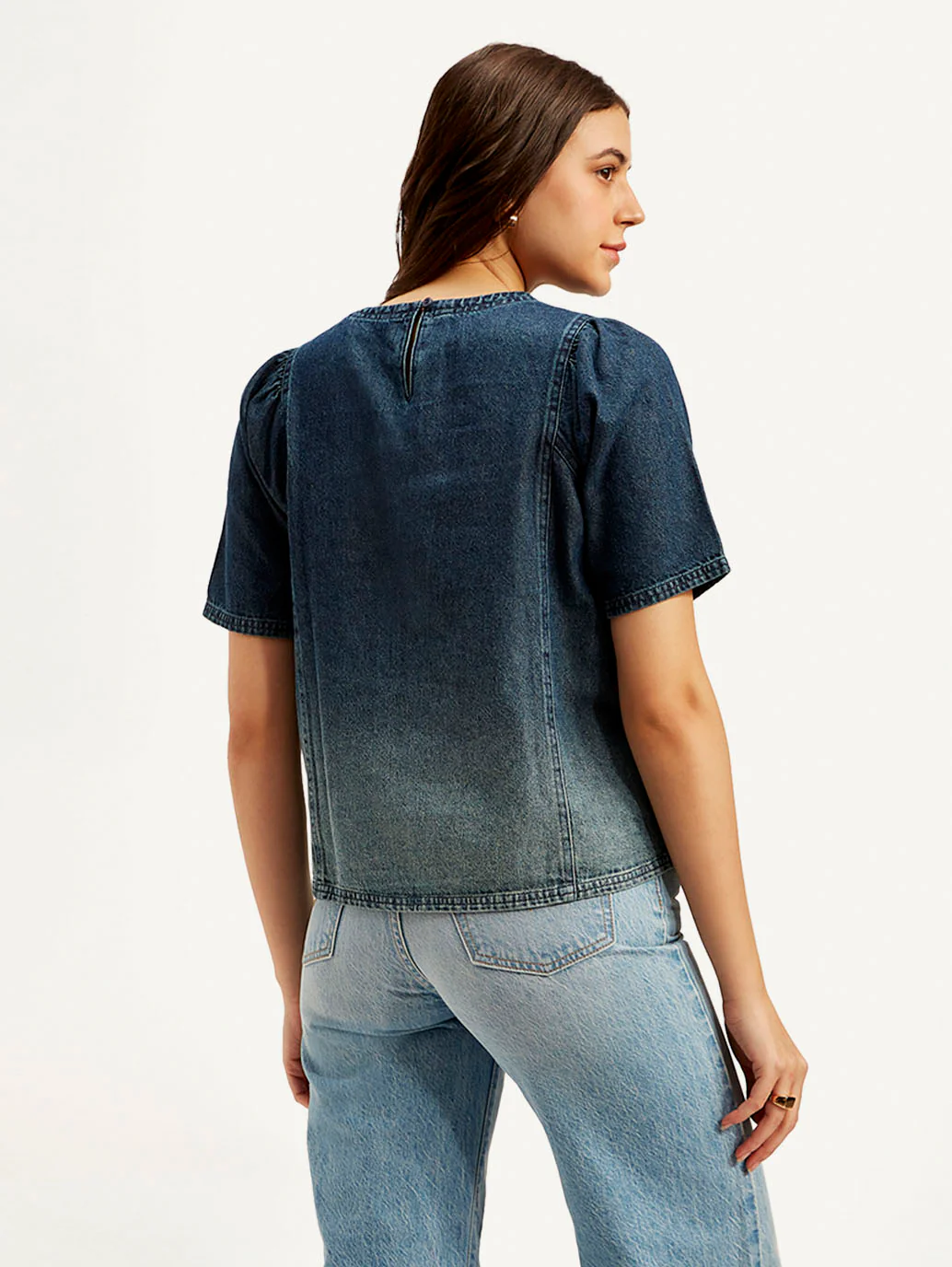 Women's Ombre Blue Round Neck Top - Image 3