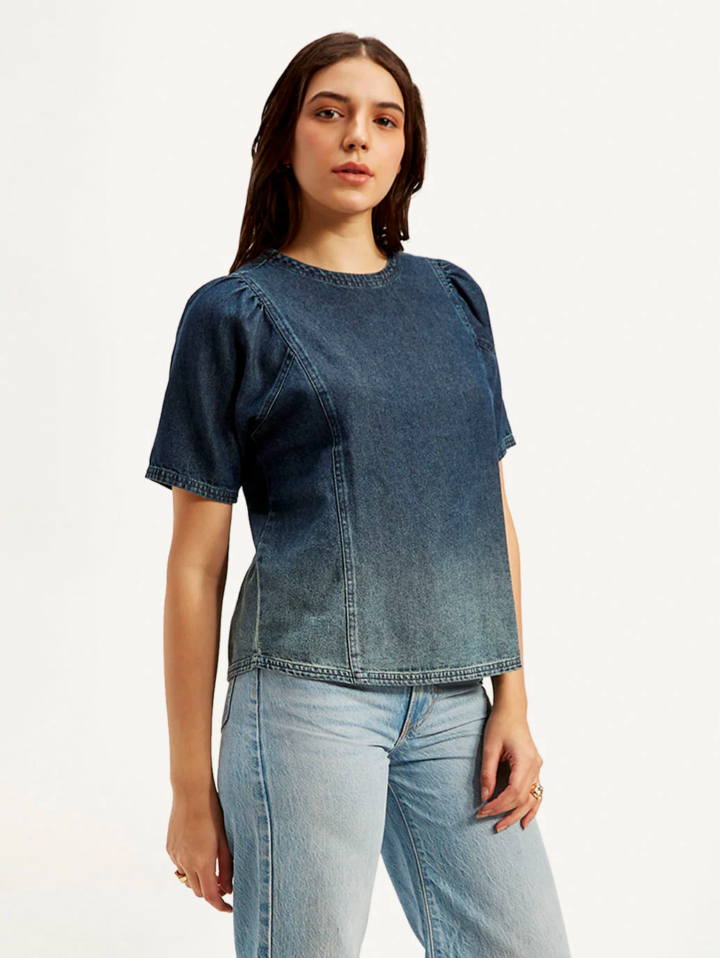 Women's Ombre Blue Round Neck Top - Image 5