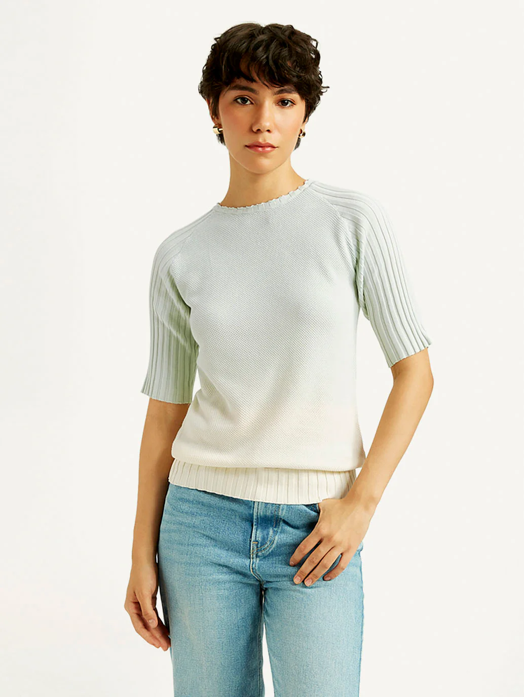 Women's Ombre Light Blue Boat Neck Top - Image 2
