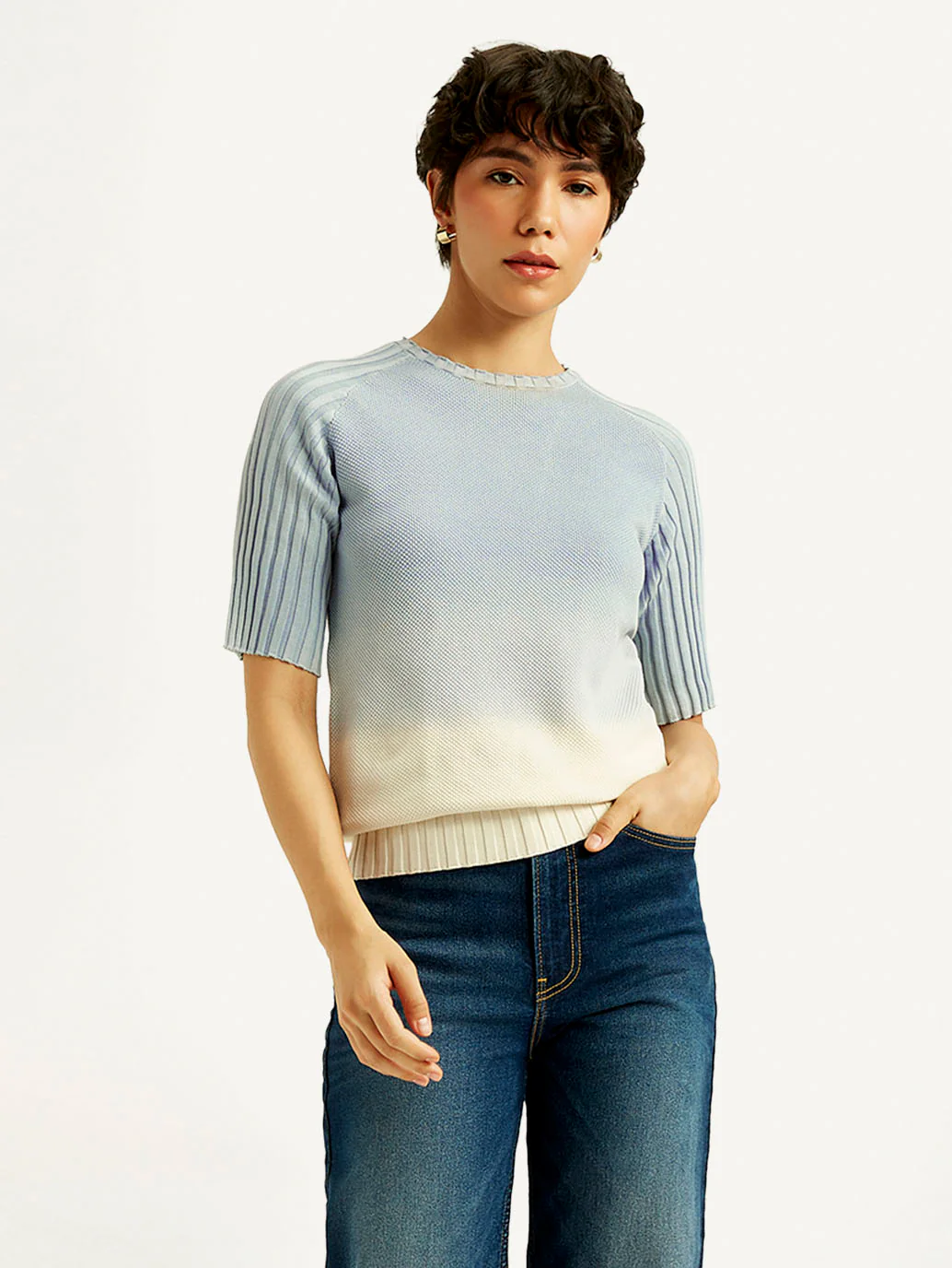 Women's Ombre Light Blue Boat Neck Top - Image 2
