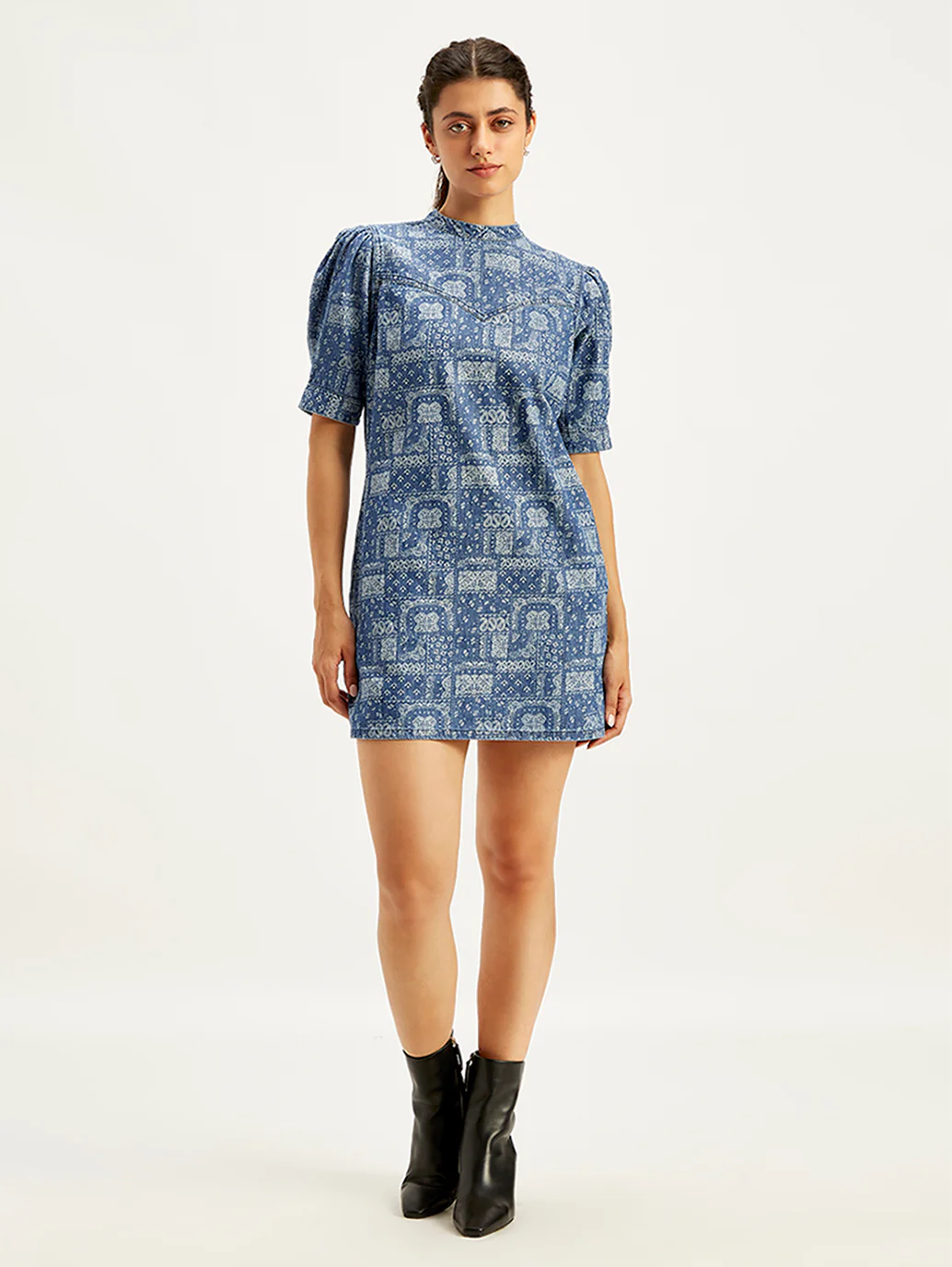 Women's Paisley Blue Band Neck Mini Denim Dress