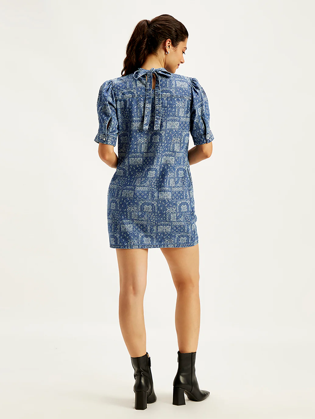 Women's Paisley Blue Band Neck Mini Denim Dress - Image 5